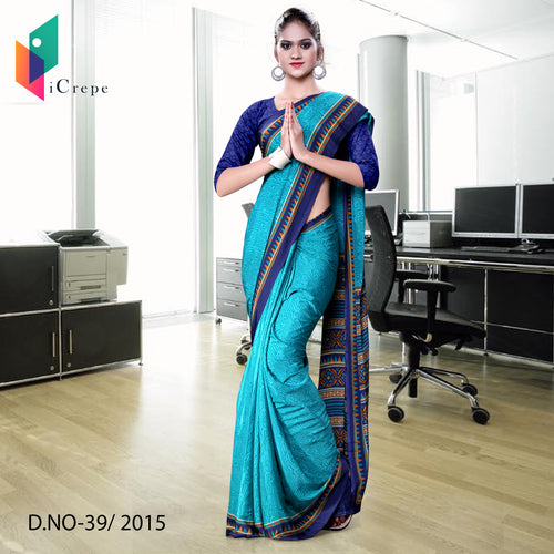 Turquoise and Navy Blue Women's Premium Italian Crepe Hospital Uniform Sarees With Blouse Piece