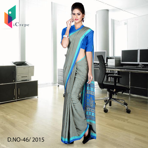 Blue And Green Women's Premium Italian Crepe Annual Function Uniform Saree With Blouse Piece