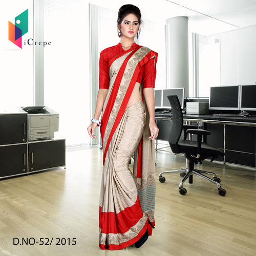 Beige And Red Women's Premium Italian Crepe College Uniform Saree With Blouse Piece