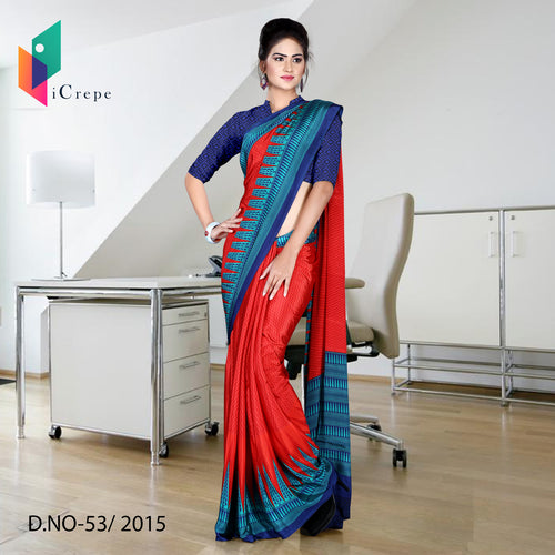 Red With Blue Border Women's Premium Italian Crepe Annual Function Uniform Saree With Blouse Piece