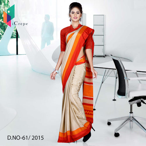 Beige With Orange Red Border Women's Premium Italian Crepe Staff Uniform Saree With Blouse Piece