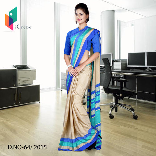 Beige With Blue Border Women's Premium Italian Crepe Showroom Uniform Saree With Blouse Piece
