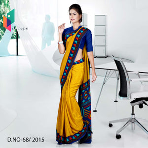 Yellow With Blue Border Women's Premium Italian Crepe Workers Uniform Saree With Blouse Piece