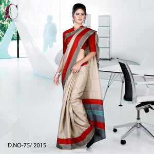 Beige and Red Women's Premium Manipuri Cotton Teachers Uniform Sarees With Blouse Piece