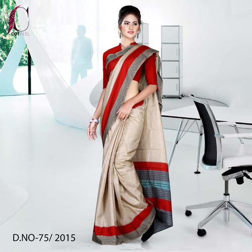 Beige and Red Women's Premium Manipuri Cotton Teachers Uniform Sarees With Blouse Piece