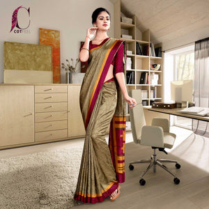 Light Brown with Maroon Border Print Premium Italian Silk Crepe Uniform Sarees For School Teachers