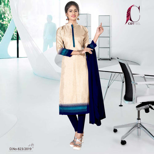 Beige and Navy Blue Women's Premium Manipuri Cotton Plain Gaala Border School Uniform Salwar Kameez