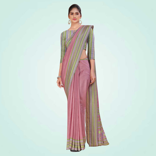 Rose Pink Women's Premium Mulberry Silk Plain Gaala Border Airline Uniform Saree