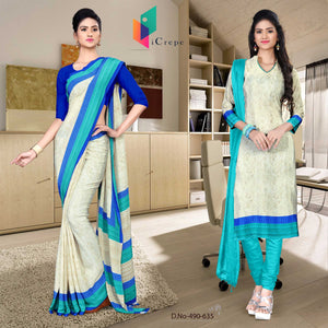 Cream and Blue Women's Premium Italian Silk Discipline Day Showroom Uniform Sarees Salwar Combo