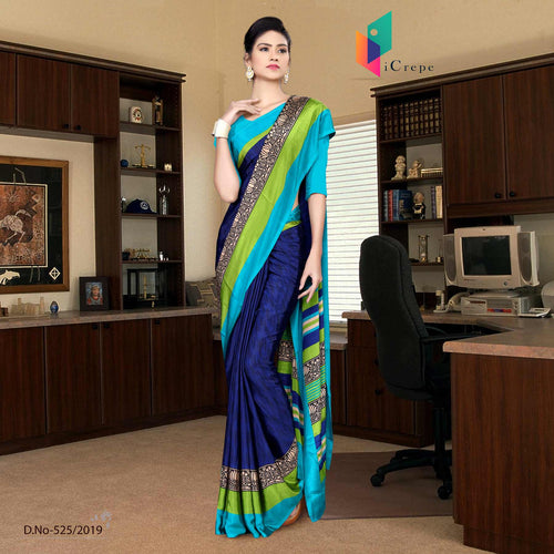 Dark Blue And Green Italian Crepe Silk Worker Uniform Saree