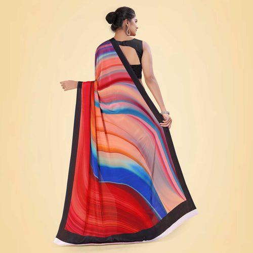 Peach and Navy Blue Women's Premium Italian Silk Digital Print Uniform Sarees for Institutions With Blouse Piece