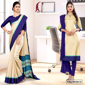 Beige Navy Blue Women's Premium Manipuri Cotton Uniform Sarees Salwar Combo For Institution Uniform