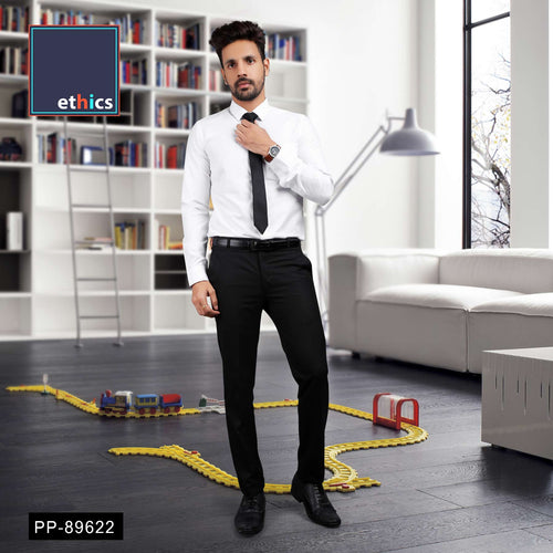white dress shirt and black pants in Classic Tailored Elegance M 100% fine cotton Convertible barrel cuffs (accepts cufflinks) Convertible front placket (accepts button studs) Machine wash warm with like colors Man in white polo shirt