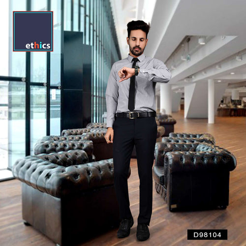 Grey Stripes Men's Formal Uniform Shirt And Black Trousers Unstitched Fabrics Set