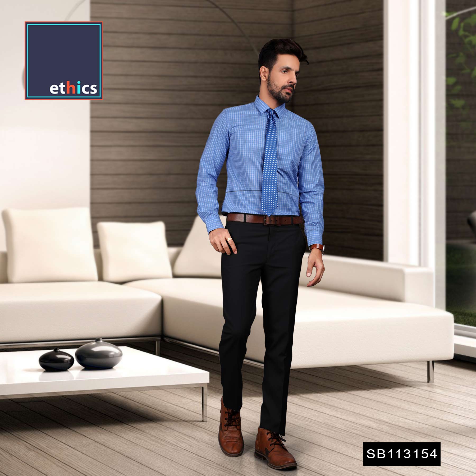 Blue Chex Corporate Uniform Shirt And Navy Blue Trousers Unstitched Fa ...