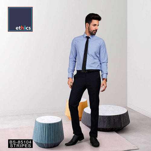Blue Stripes Coporate Uniforms Shirt And Navy Blue Trousers Unstitched Fabrics Set