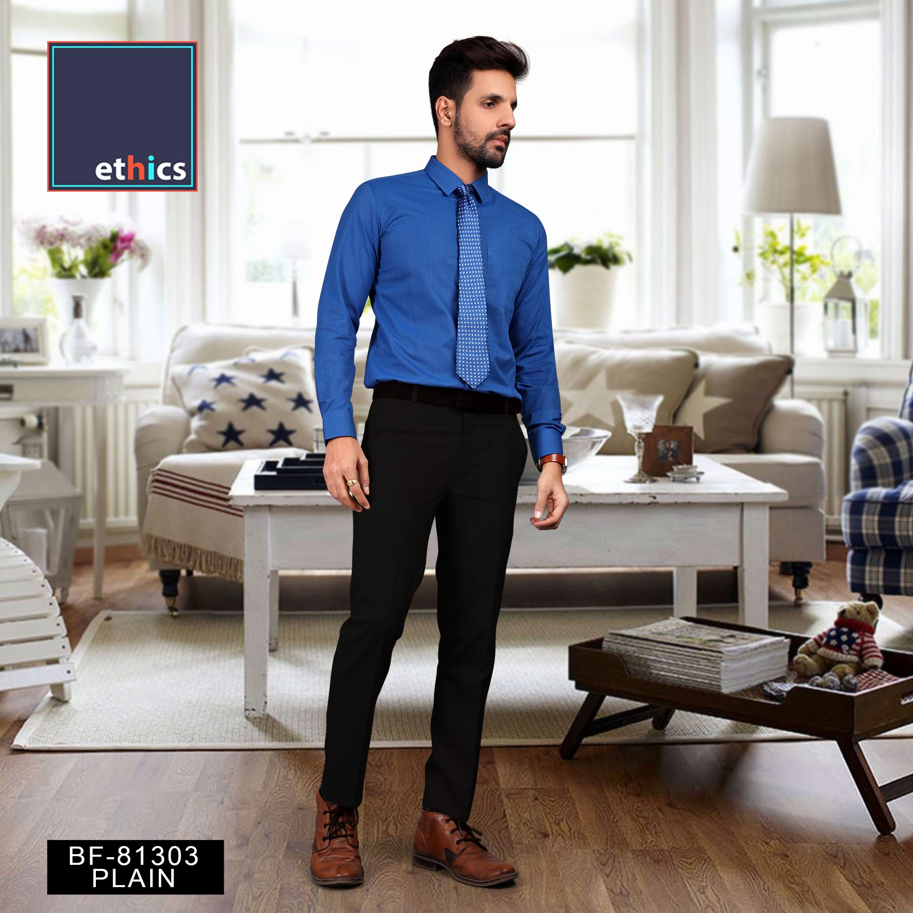 Mens Cotton Unstitched black Shirt and blue pant Formal Trousers Fabric  Set Top  Bottom Fabric