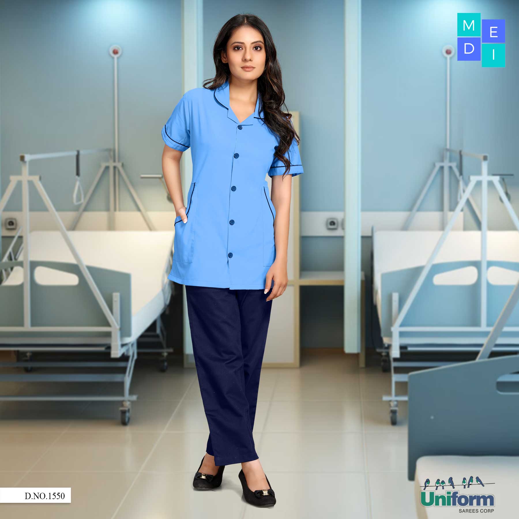 Light Blue And Navy Blue Nurse Dress For Women, Hospital Uniform