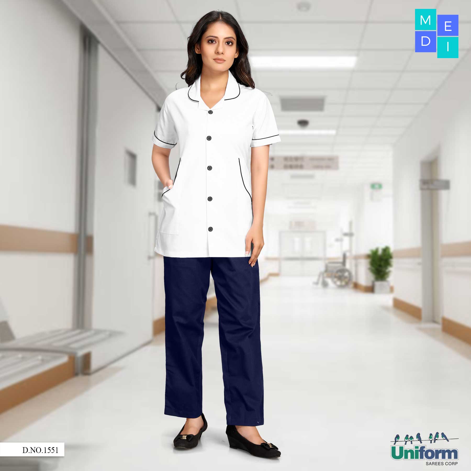 White And Navy Blue Nurse Wear For Women  Hospital Uniform For Nurses–  Uniform Sarees