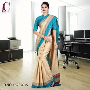 Sky Blue And Beige Tripura Cotton Uniform Saree
