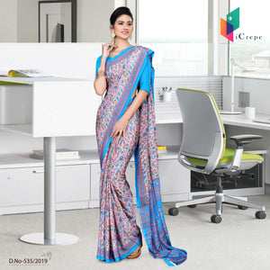 Beige And Blue Italian Crepe Silk Handloom Uniform Saree