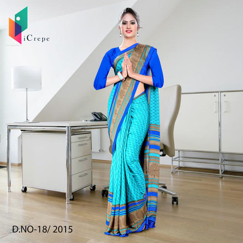 Sky Blue Women's Premium Italian Crepe School Teacher Uniform Saree With Blouse Piece