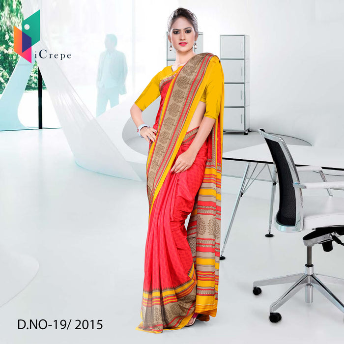 Red And Yellow Italian Crepe Uniform Saree