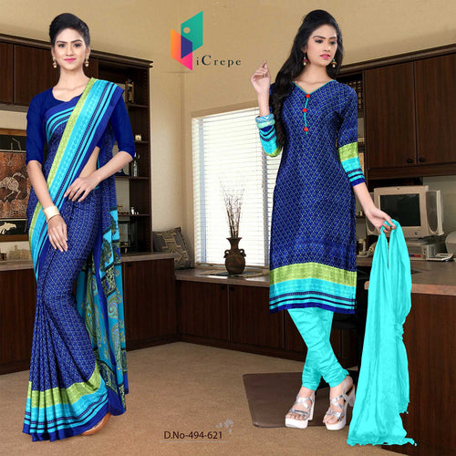 Navy Blue and Turquoise Women's Premium Italian Silk Eyecatchers College Uniforms Saree Salwar Combo