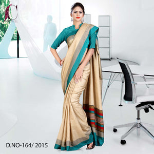 Beige With Green Border Women's Premium Manipuri Cotton Gala Border Workers Uniform Saree With Blouse Piece