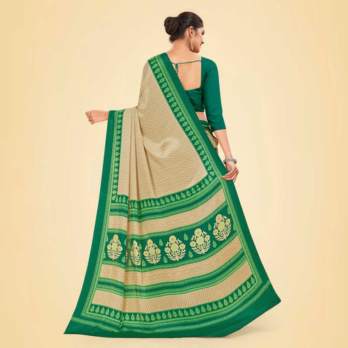 Beige and Bottle Green Women's Premium Italian Silk Small Butty Anganwadi Workers Uniform Saree