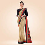Beige and Bottle Green Women's Premium Manipuri Cotton Plain Gaala Border Front Office Uniform Saree