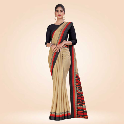 Beige and Bottle Green Women's Premium Manipuri Cotton Plain Gaala Border Front Office Uniform Saree