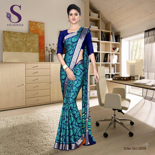 Green Blue Silk Crepe Jaquard Border Fancy Uniform Sarees