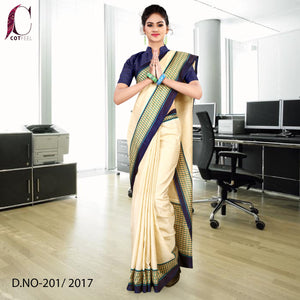 Cream and Navy Blue Women's Premium Manipuri Cotton Gala Border Employees Uniform Saree With Blouse Piece