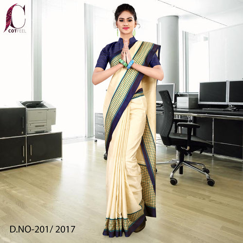 Beige and Navy Blue Women's Premium Manipuri Cotton Employee Uniform Sarees With Blouse Piece