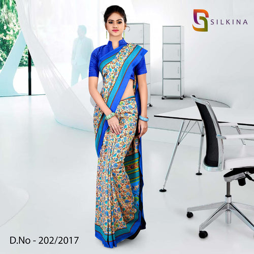 Beige and Blue Women's Premium Dola Silk Small Butti Catering Uniform Saree With Blouse Piece