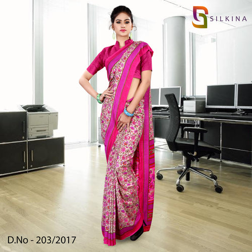 Pink and Beige Women's Premium Dola Silk Small Butti Factory Uniform Saree With Blouse Piece
