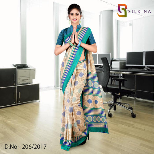 Beige with Turquoise Border Women's Premium Dola Silk Eyecatcher Taj Hotel Uniform Saree With Blouse Piece