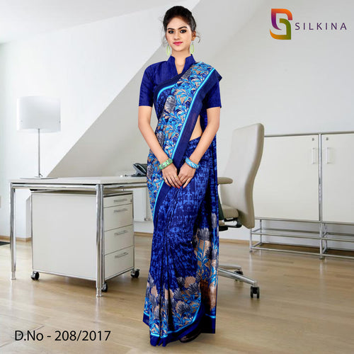 Navy Blue Women's Premium Dola Silk Housekeeping Uniform Sarees With Blouse Piece