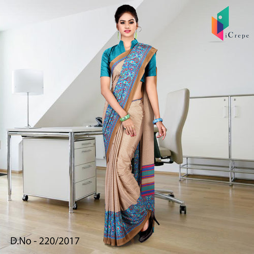 Beige and Green Women's Premium Italian Crepe Staff Uniform Sarees With Blouse Piece