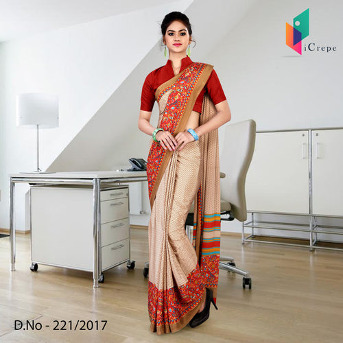 Red and Brown Women's Premium Italian Crepe Discipline Day Housekeeping Uniform Saree With Blouse Piece