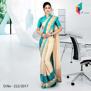 Beige and Turquoise Women's Premium Italian Crepe Discipline Day Hotel Uniform Saree With Blouse Piece