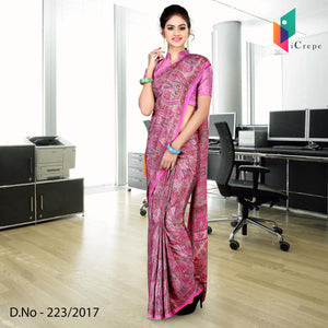 Pink Women's Premium Italian Crepe Paisley Print Functional Uniform Saree With Blouse Piece
