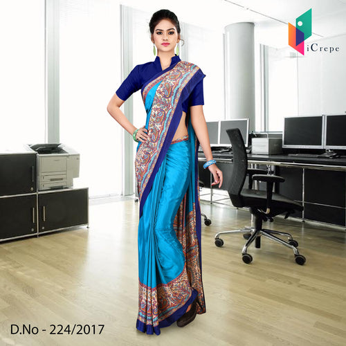 Blue Women's Premium Italian Crepe Annual Function Uniform Sarees With Blouse Piece