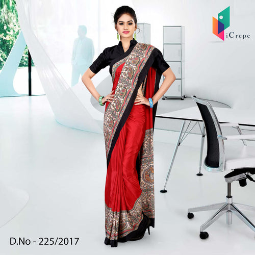 Red and Black Women's Premium Italian Crepe Jewellery Showroom Uniform Sarees With Blouse Piece