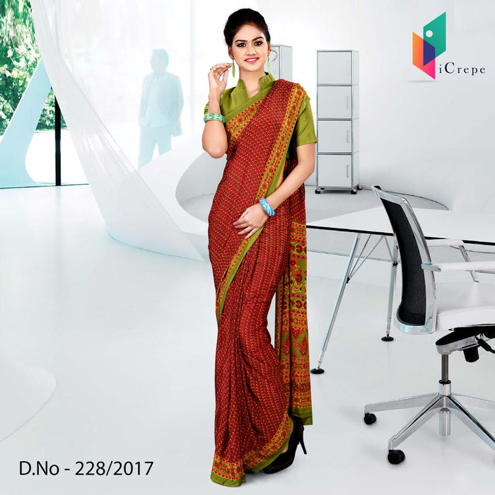 Maroon and Green Women's Premium Italian Crepe Small Butti Employee Uniform Saree With Blouse Piece