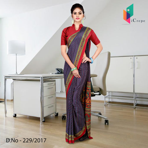 Navy Blue and Red Women's Premium Italian Crepe Small Butti Staff Uniform Saree With Blouse Piece