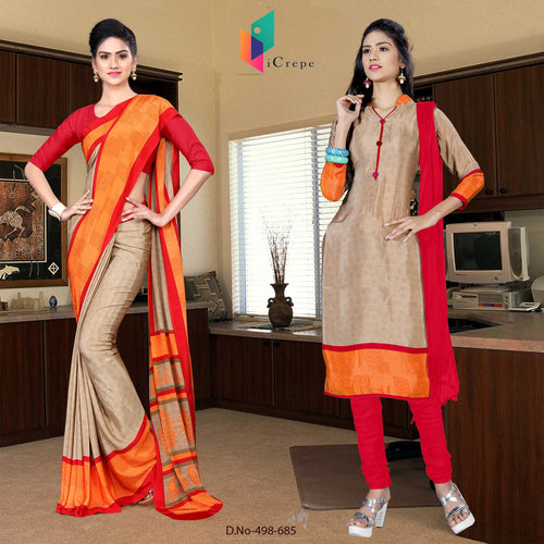 Beige and Red Women's Premium Italian Silk Eyecatchers Staff Uniform Sarees Salwar Combo
