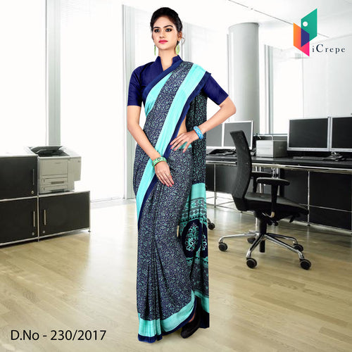 Navy Blue with Sky Blue Women's Premium Border Italian Crepe Paisley Receptionist Print Uniform Saree With Blouse Piece