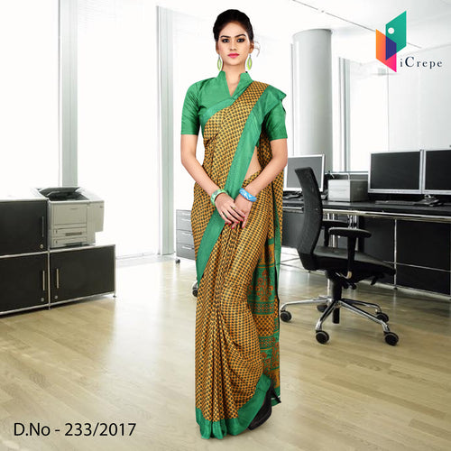 Green and Yellow Women's Premium Italian Crepe Small Butty Staff Uniform Sarees With Blouse Piece